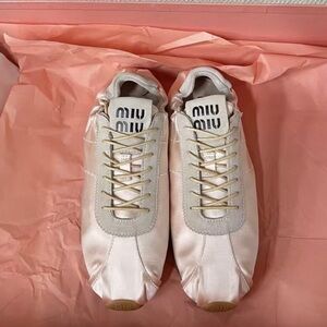 Miu Miu Pale Pink Satin Lace-Up Sneakers